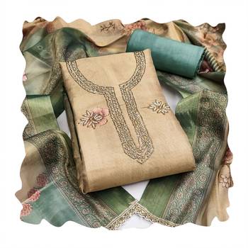 Beige color beautiful printed with hand work simmer cotton fabric salwar kameez 2