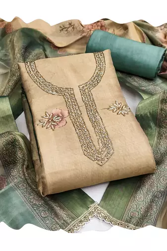 Beige color beautiful printed with hand work simmer cotton fabric salwar kameez