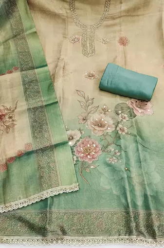Beige color beautiful printed with hand work simmer cotton fabric salwar kameez