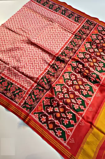 Red Color Lagadi Patta and weaved zari border Work Silk Patola Saree