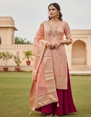 Peach color beautiful printed with hand work banarasi cotton fabric salwar kameez 1