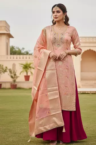Peach color beautiful printed with hand work banarasi cotton fabric salwar kameez