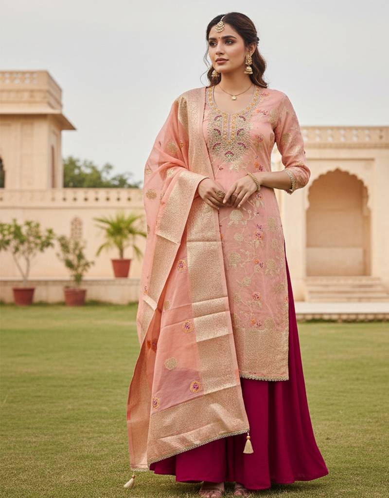 Peach color beautiful printed with hand work banarasi cotton fabric salwar kameez