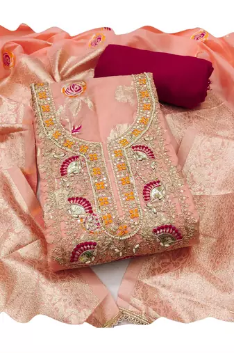 Peach color beautiful printed with hand work banarasi cotton fabric salwar kameez