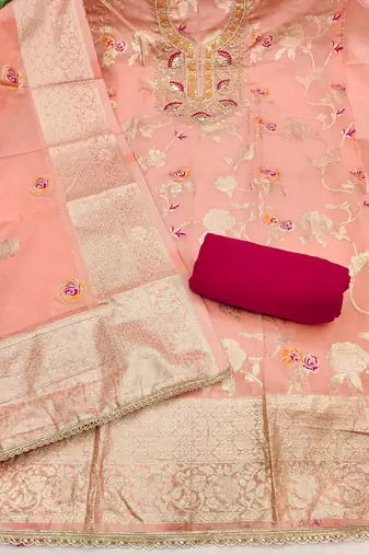 Peach color beautiful printed with hand work banarasi cotton fabric salwar kameez