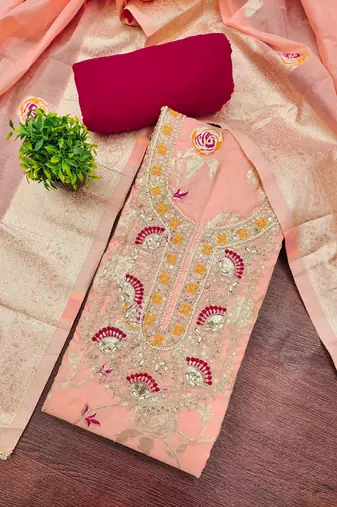 Peach color beautiful printed with hand work banarasi cotton fabric salwar kameez