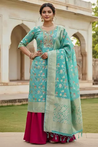 Sea green color beautiful printed with hand work banarasi cotton fabric salwar kameez