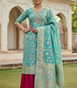 Sea green color beautiful printed with hand work banarasi cotton fabric salwar kameez