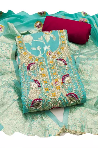 Sea green color beautiful printed with hand work banarasi cotton fabric salwar kameez