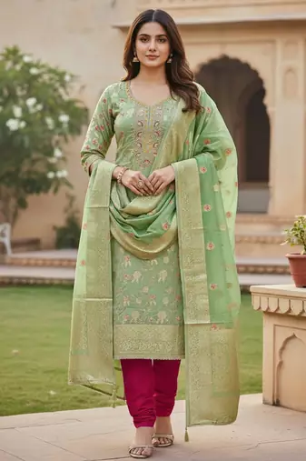 Pista color beautiful printed with hand work banarasi cotton fabric salwar kameez