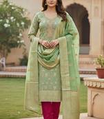 Pista color beautiful printed with hand work banarasi cotton fabric salwar kameez