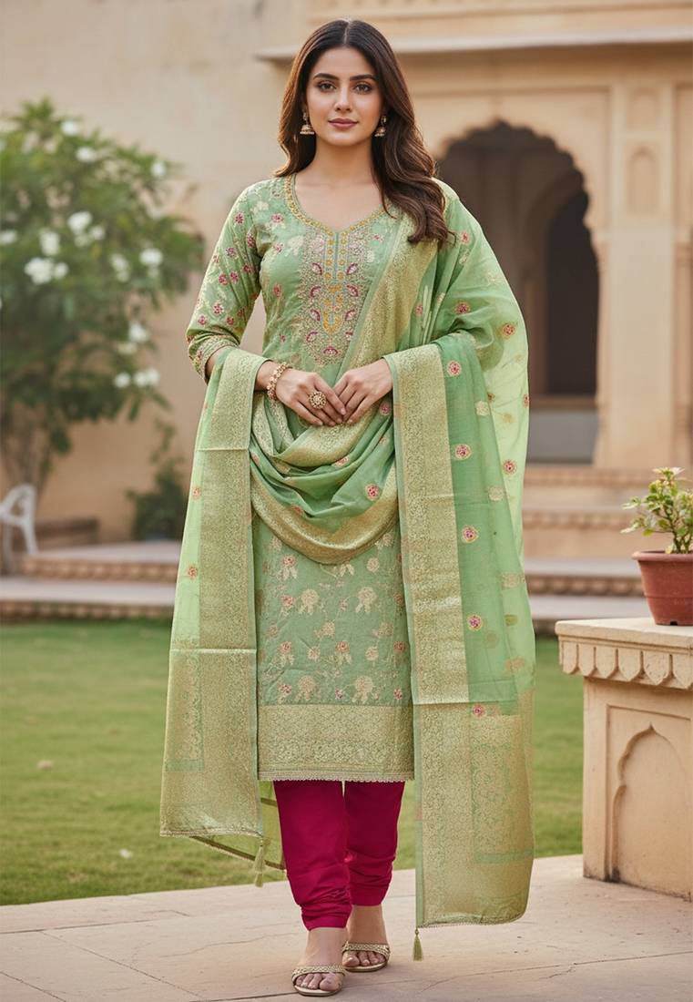 Pista color beautiful printed with hand work banarasi cotton fabric salwar kameez