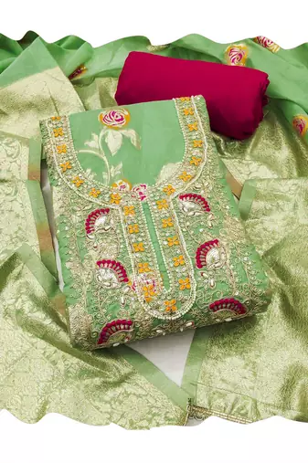Pista color beautiful printed with hand work banarasi cotton fabric salwar kameez