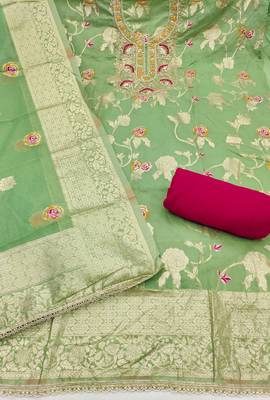 Pista color beautiful printed with hand work banarasi cotton fabric salwar kameez 3