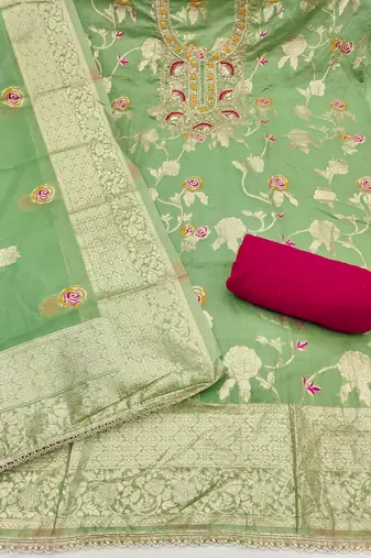 Pista color beautiful printed with hand work banarasi cotton fabric salwar kameez