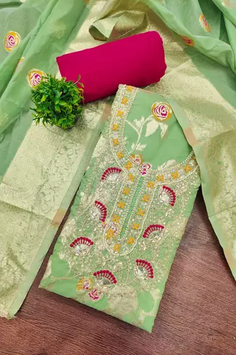 Pista color beautiful printed with hand work banarasi cotton fabric salwar kameez