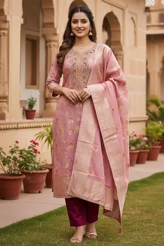 Pink color beautiful printed with hand work banarasi cotton fabric salwar kameez