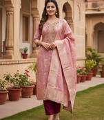 Pink color beautiful printed with hand work banarasi cotton fabric salwar kameez
