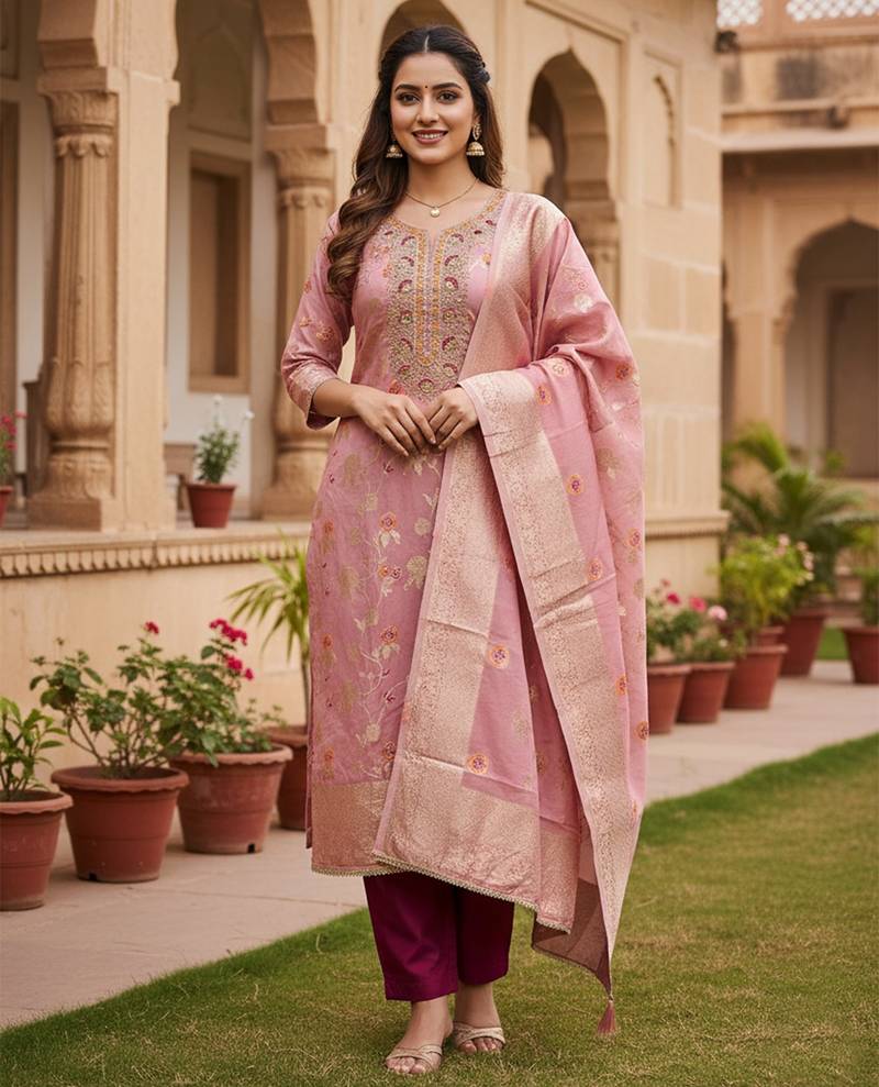 Pink color beautiful printed with hand work banarasi cotton fabric salwar kameez