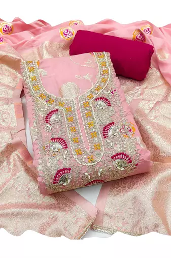 Pink color beautiful printed with hand work banarasi cotton fabric salwar kameez