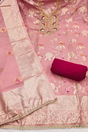 Pink color beautiful printed with hand work banarasi cotton fabric salwar kameez