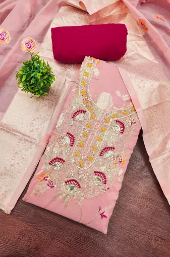Pink color beautiful printed with hand work banarasi cotton fabric salwar kameez