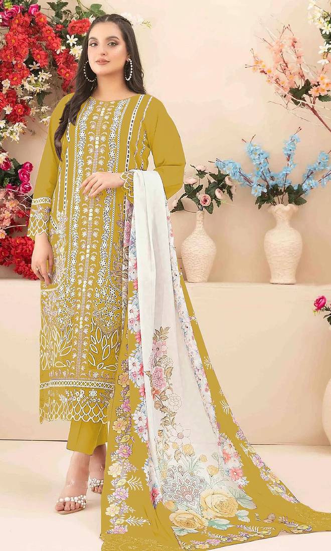 Mustard color cotton fabric beautiful and stylish ceremonial salwar suit