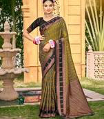 Rich and ethnic looking mahendi color woven soft silk saree