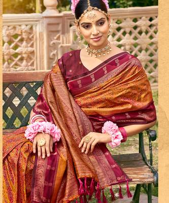 Rich and ethnic looking rust woven soft silk blend saree 2
