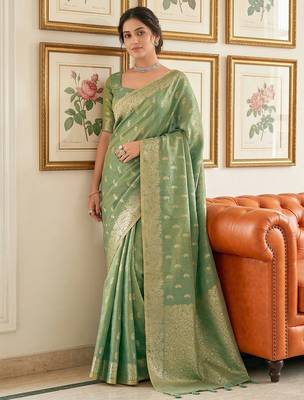 Green tissue silk blend ceremonial saree 1