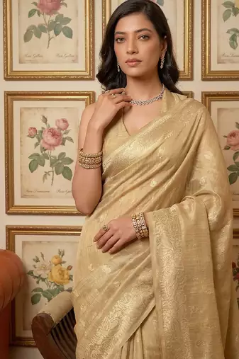 Cream tissue silk blend ceremonial saree