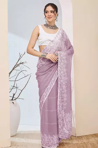 Lavender color designer printed chiffon fabric ceremonial partywear saree