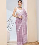 Lavender color designer printed chiffon fabric ceremonial partywear saree