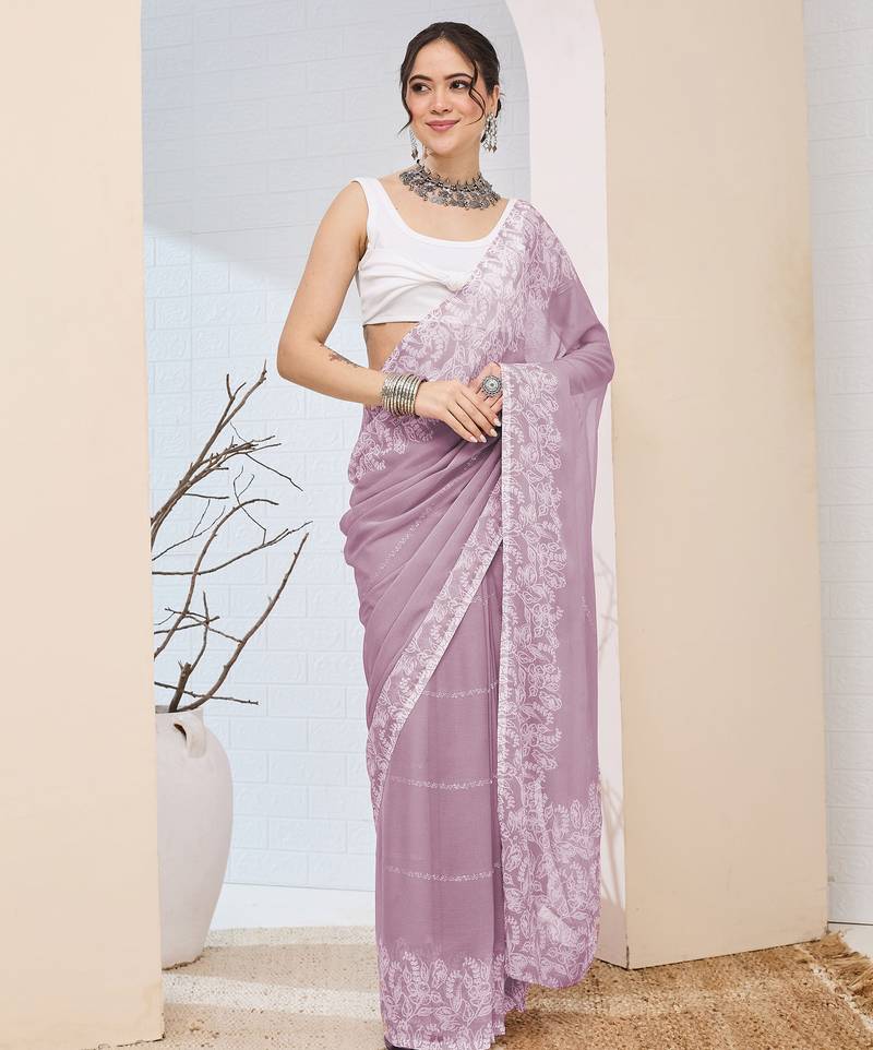 Lavender color designer printed chiffon fabric ceremonial partywear saree