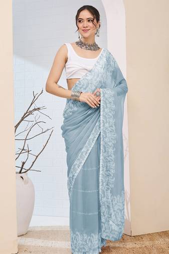 Sky color designer printed chiffon fabric ceremonial partywear saree