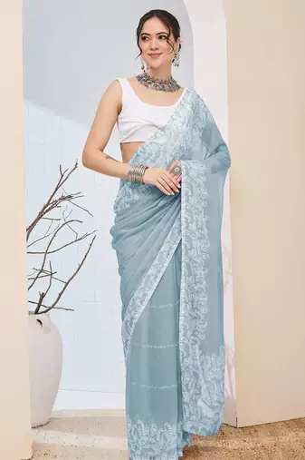 Sky color designer printed chiffon fabric ceremonial partywear saree