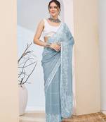 Sky color designer printed chiffon fabric ceremonial partywear saree