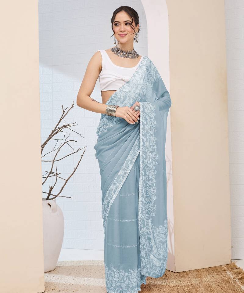 Sky color designer printed chiffon fabric ceremonial partywear saree