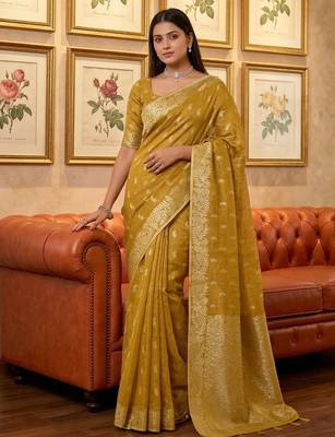 Mustard tissue silk blend ceremonial saree 1