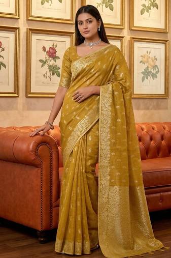 Mustard color tissue silk fabric designer ceremonial saree