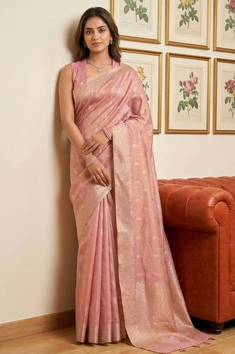 Pink color tissue silk fabric designer ceremonial saree