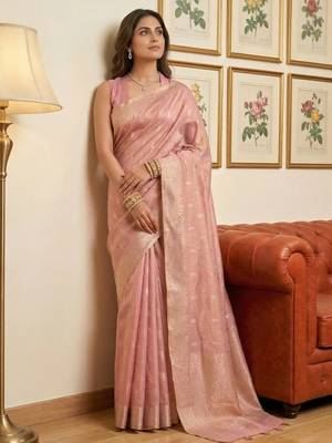 Pink tissue silk blend ceremonial saree 3