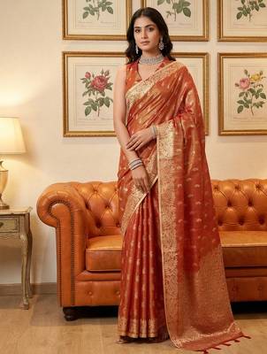 Rust tissue silk blend ceremonial saree 1