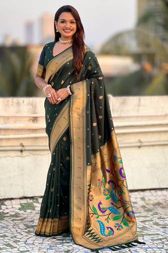 Dark green color paithani silk fabric beautiful traditional rich saree