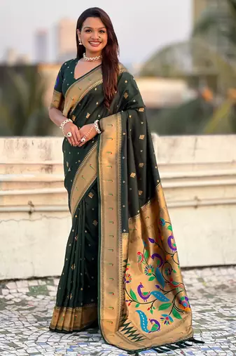 Dark green color paithani silk fabric beautiful traditional rich saree