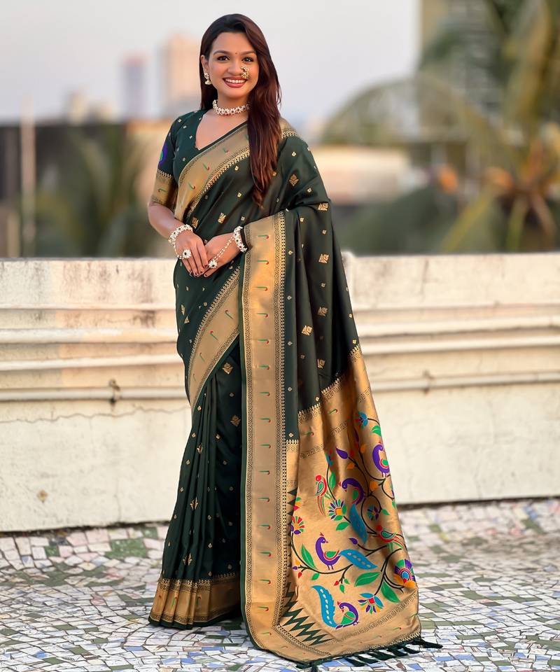 Dark green color paithani silk fabric beautiful traditional rich saree