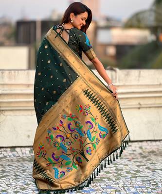 Dark green paithani silk blend traditional rich saree 2