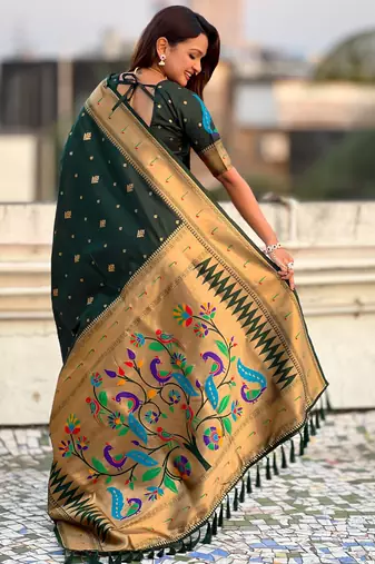 Dark green paithani silk blend traditional rich saree