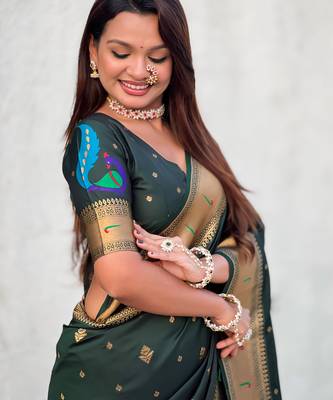 Dark green paithani silk blend traditional rich saree 3