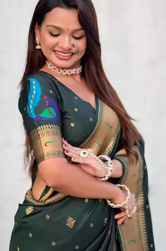 Dark green paithani silk blend traditional rich saree